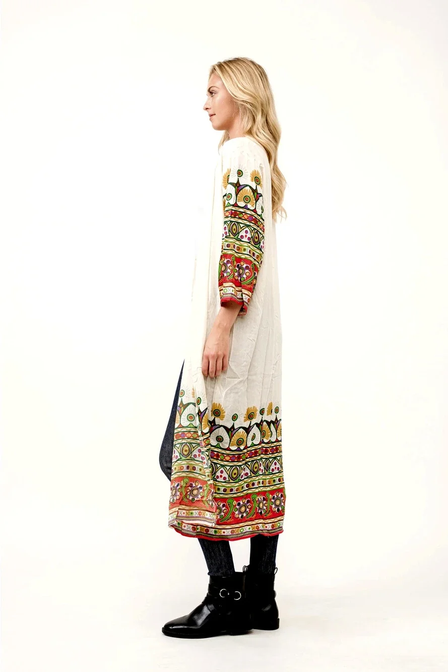 Floral Contrast Print Kimono Duster One Size Cotton Rayon Boho Open Front Cotton - Picture 2 of 4